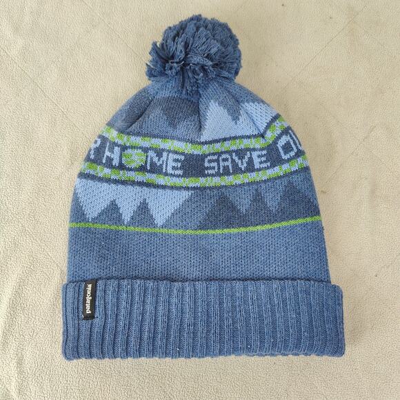 Patagonia Powder Town Pom Beanie‎ Hat Save Our Home Knit Pom Pom Blue Cozy - Picture 1 of 9